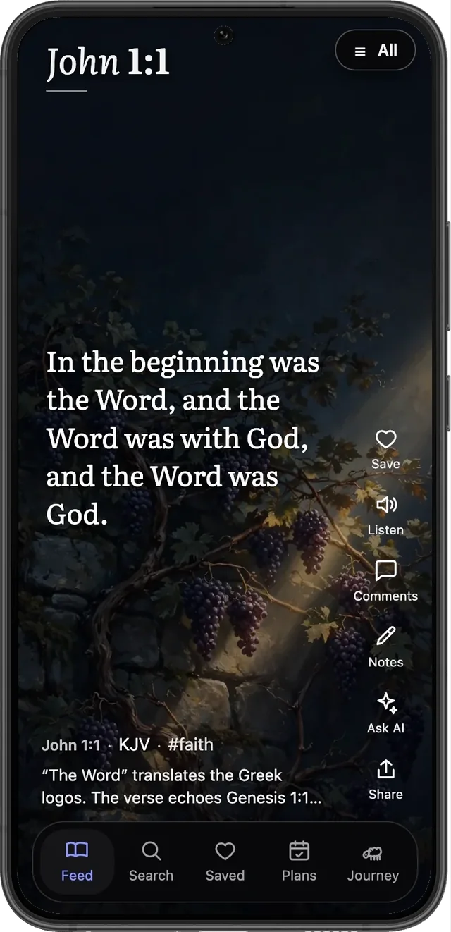 Scroll and Pray on a phone, showing John 1:1 over its artwork, with Save, Listen, Comments, Notes, Ask AI and Share beside the verse